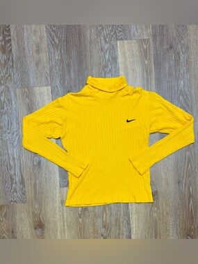VTG Nike Yellow Ribbed Turtleneck Long Sleeve Top with Black Swoosh